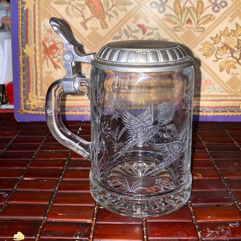 ALWE Crystal Beer Stein/Tankard, Pewter Lid and Etched Ducks